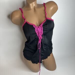 Y2K Black Satin Corset Cami Pink Lace Up Trim Coquette Whimsigoth Mcbling XS
